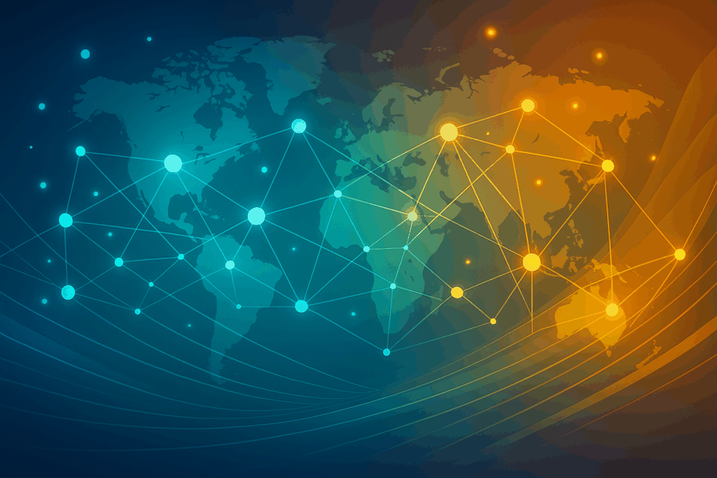 Abstract world map with network connections representing global SEO connectivity.